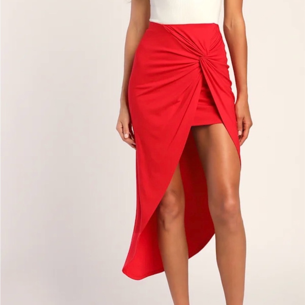 Lulus Put a Spin On It Red Twist-Front High-Low Midi Skirt - Large